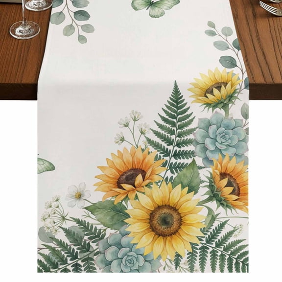 Spring Sunflower Burlap Cotton Table Runner 13x108 Inches Long, Garden Botanical Leaves Butterflies Farmhouse Table Runners, Outdoor Dining Tablecloths Decor for Baby Shower/Party/Wedding