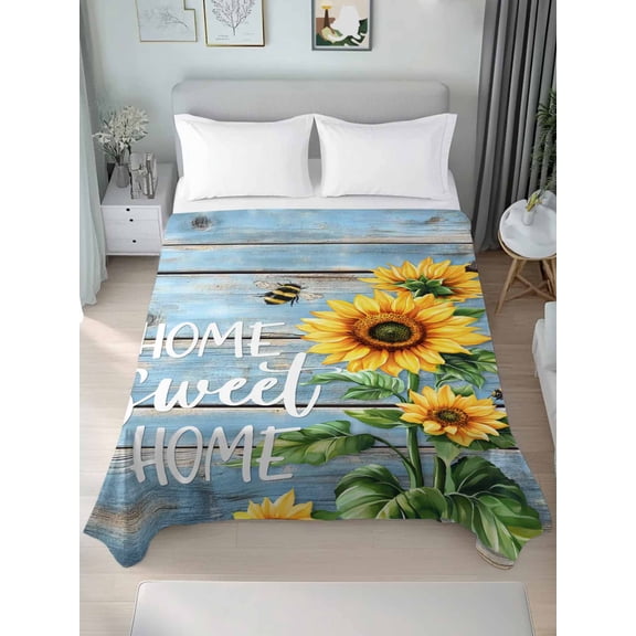 Spring Sunflower California King Size Flat Sheet, Wrinkleproof & Fadeproof Cooling Flat Bed Sheet Only, Bee Wooden Grain Country Rustic Breathable Soft Bedding Top Sheets 108 x 98 Inches