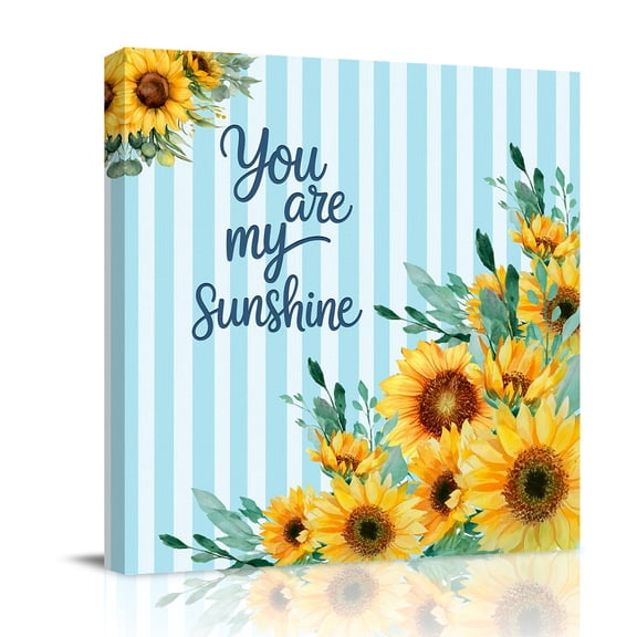 Spring Sunflower Canvas Wall Art for Living Room, You Are My Sunshine Leaf Blue Striped Poster Print Painting for Bedroom Office Home Decoration Wall Pictures Prepare To Hang 8"x8"