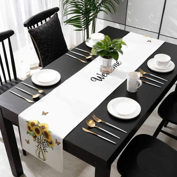 Spring Sunflower Cotton Linen Long Table Runner 13 x 108 inch Yellow Butterfly Bows Pastoral Art Non-slip Rectangular Dining Table Decor for Wedding Party Holiday Dinner