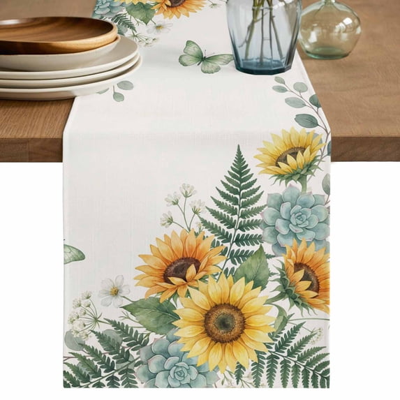 Spring Sunflower Cotton Linen Table Runner for Dining Kitchen, Garden Botanical Leaves Butterflies Wedding Outdoor Party Tablerunners Decoration, Dresser Scarf Coffee Tablecloth Runners 13x72 Inches