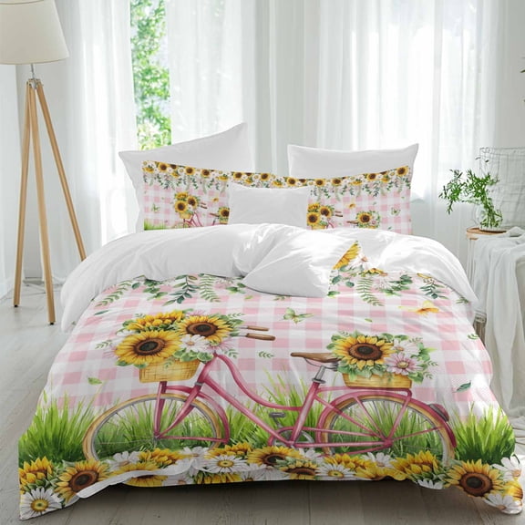 Spring Sunflower Daisy Bike Queen Size Bed Set,Watercolor Floral Pink Buffalo Bedding for All Seasons,4 Pcs Bed Set,1 Quiltcover (90"x92"),1 Sheet(94"x116"),2 Pillowcases (30"x20")