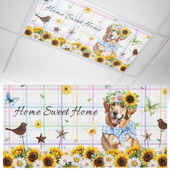 Spring Sunflower Dog Fluorescent Light Covers Home Sweet Home Flower Bird Butterfly Colorful Plaid Magnetic Light Filters Ceiling Lighting Panel Shade for Classroom Office Home 2 x 4 ft, 1 Pack