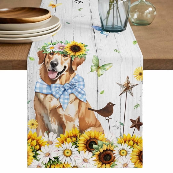 Spring Sunflower Dog Table Runner, Home Sweet Home Flower Bird Butterfly Wood Grain Cotton Linen Kitchen Table Decoration Washable Dining Tabletop Runners for Home Party Decor 13x48 Inches