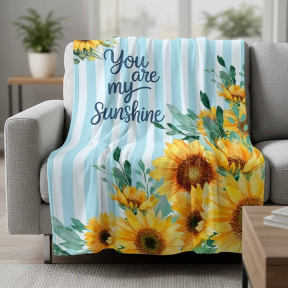 Spring Sunflower Fleece Throw Blanket Lightweight You Are My Sunshine Leaf Blue Striped Fuzzy Flannel Throws Super Soft Cozy Flannel Blanket for Couch, Sofa, Bed, Travel 30"x40"