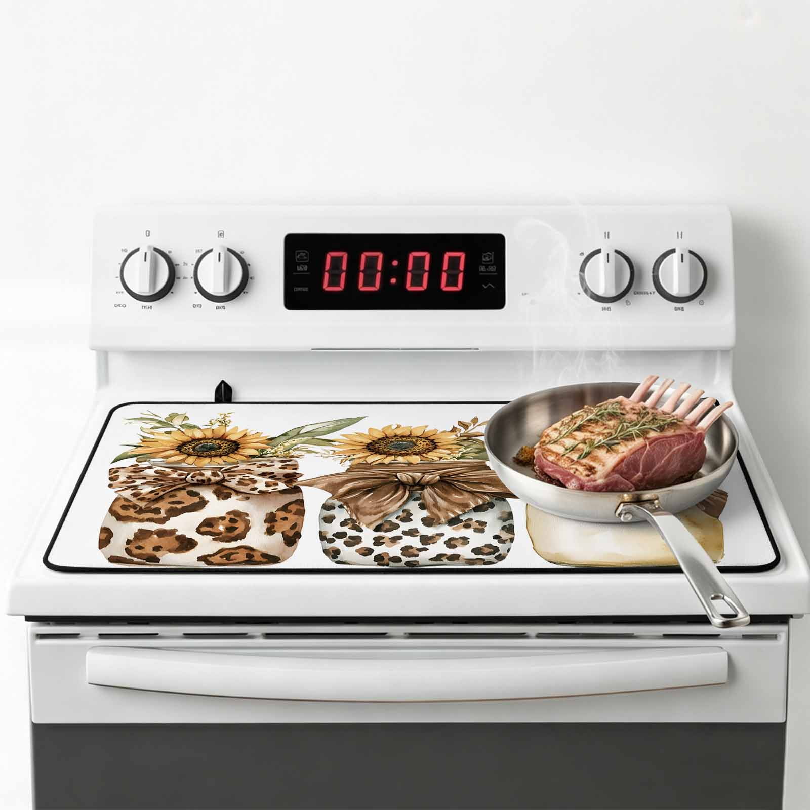 Spring Sunflower Glass Bottle Stove Top Cover for Electric Stove, Heat-proof & Non Slip Glass Top Stove Cover Protector, Brown Bow Leopard Kitchen Flat Cooktop Rubber Mat 24x21 Inches