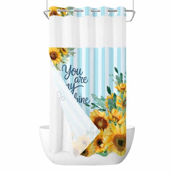 Spring Sunflower No Hooks Shower Curtain with Snap-in Liner You Are My Sunshine Leaf Blue Striped Shower Curtains for Bathroom, Waterproof, Easy Install, Washable 36"x78"