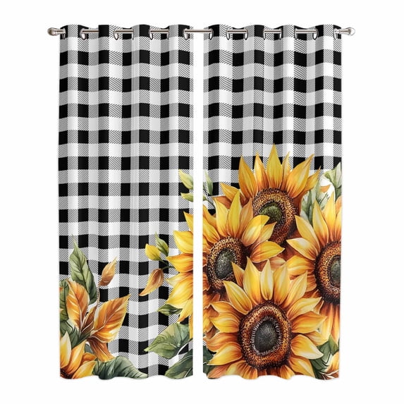 Spring Sunflower Kitchen Curtains 96 Inch Length, Black White Buffalo Plaid Yellow Floral Grommet Top Bedroom Living Room Curtains, Light Filtering Cafe Curtain Drapes 2 Panels Set 104''x96''