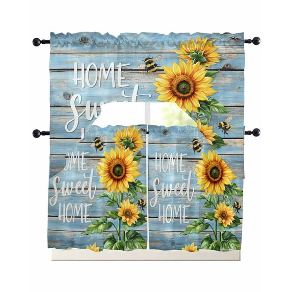 Spring Sunflower Kitchen Curtains Sets 24 Inch Length with Valance, Bee Wooden Grain Country Rustic Swag Valances and Tiers Curtain Set Drapes Swag Curtains for Living Room, Bathroom, Bedroom, Cafe