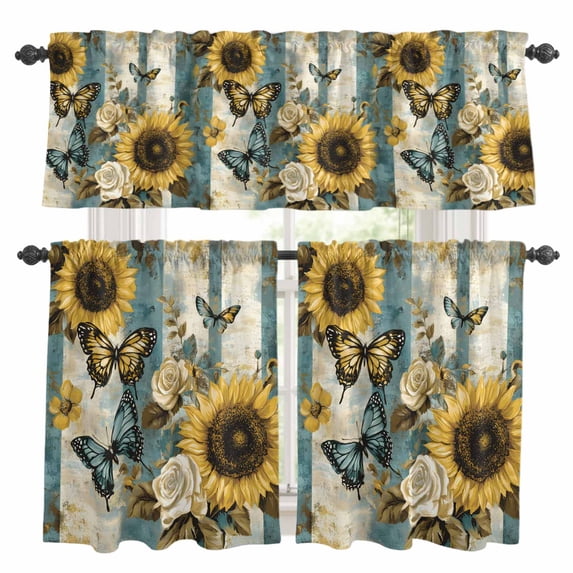 Spring Sunflower Kitchen Curtains Sets for Windows 36 Inch Length, Butterfly Pastoral Teal Striped Vintage Rod Pocket Window Treatments Tier Curtains and Valances Set for Bedroom/Bathroom