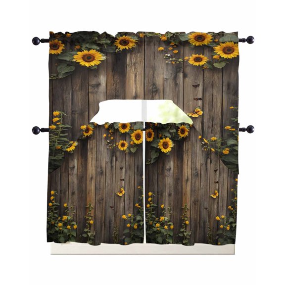 Spring Sunflower Kitchen Curtains Swag Valance and Tier Curtains Set 24 Inch Length, Wildflower Leaves Wood Plank Country Rod Pocket Drape Panels Pair Swag Curtain for Bathroom/Cafe/Window
