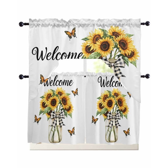Spring Sunflower Kitchen Curtains Swag Valance and Tier Curtains Set 36 Inch Length, Yellow Butterfly Bows Pastoral Art Rod Pocket Drape Panels Pair Swag Curtain for Bathroom/Cafe/Window