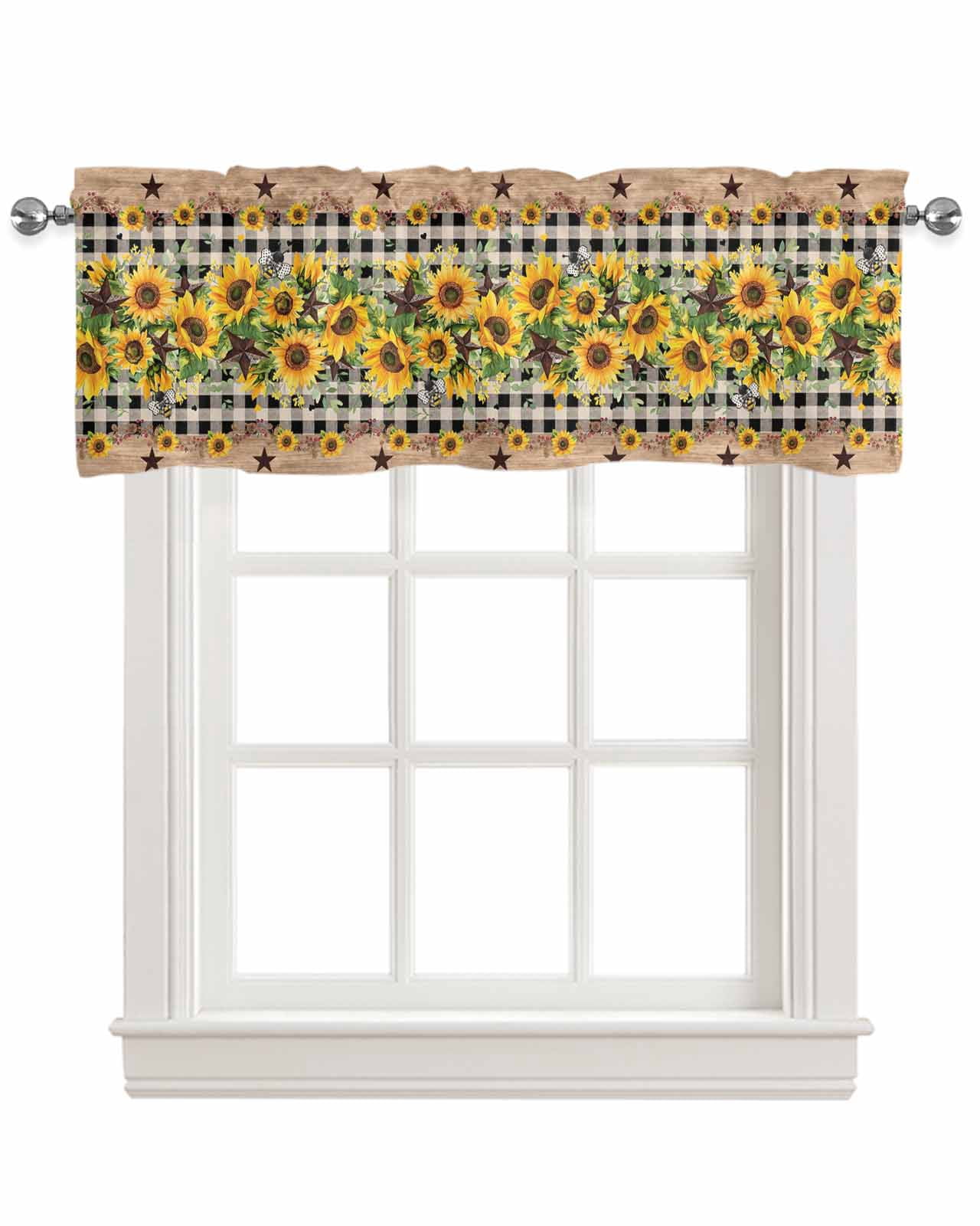 Spring Sunflower Kitchen Valances for Windows Farmhouse Linen Window Valance Curtain for Living Room Window Treatment Checkered Star Farmhouse Retro Valance Rod Pocket Topper Drape, 60 x 18 Inch