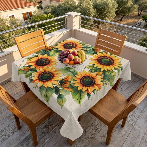 Spring Sunflower Leaves on Vintage Linen Table Cloth 60x60in, Waterproof Square Tablecloth Wipeable Tablecloths Watercolor Floral Table Covers for Dining Tables Party Indoor Outdoor