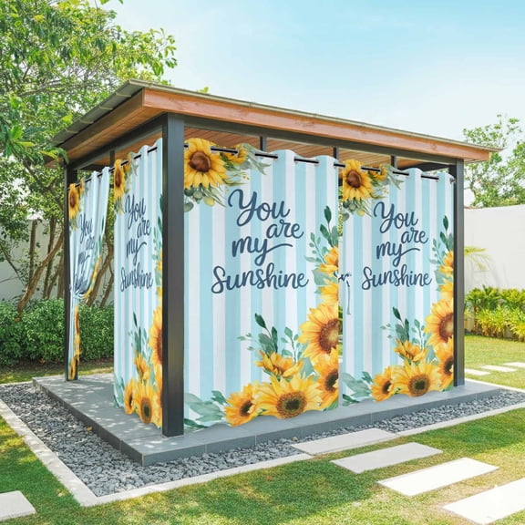 Spring Sunflower Outdoor Curtains for Patio, You Are My Sunshine Leaf Blue Striped Sunshade Privacy Drapes Grommet Waterproof Outside Curtains for Porch/Cabana/Balcony 54"x 108", 2 Panel