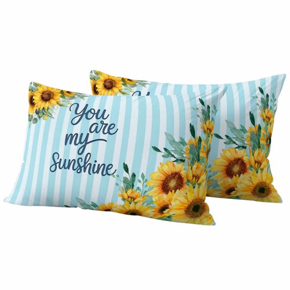 Spring Sunflower Pillow Covers 2 Pack You Are My Sunshine Leaf Blue Striped Pillowcase Waterproof Outdoor Throw Pillow Cover for Patio Balcony Rectangular Cushion 20”x12”