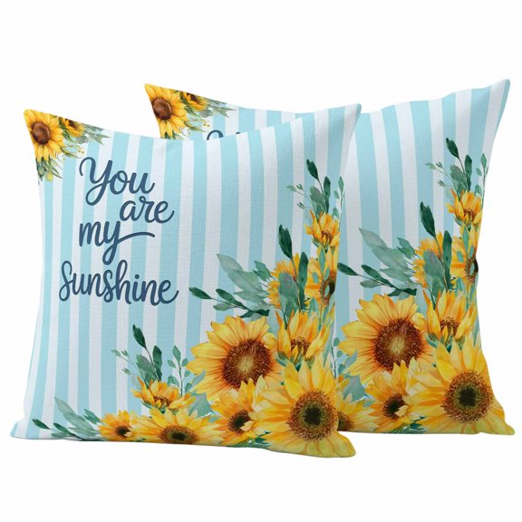 Spring Sunflower Pillow Covers 2 Pack You Are My Sunshine Leaf Blue Striped Pillowcase Waterproof Outdoor Throw Pillow Cover for Patio Garden Square Cushion 16”x16”
