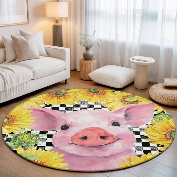 Spring Sunflower Pink Pig Round Rug 5ft Farmhouse Animal Buffalo Check Washable Area Rugs for Living Room Bedroom Entryway Non Slip Entrance Door Mat Indoor Floor Carpet