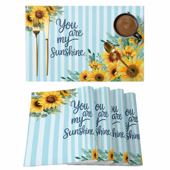 Spring Sunflower Placemats Set of 1, You Are My Sunshine Leaf Blue Striped Non-Slip Place Mats Washable Table Mats for Kitchen Dining Table Decorations Indoor/Outdoor