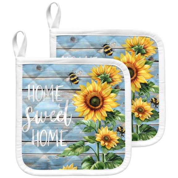 Spring Sunflower Pot Holders for Kitchen Heatproof Potholder, 2 Pack Bee Wooden Grain Country Rustic Hot Pads Multipurpose Oven Pads Cloth Potholders Trivet for Cooking and Baking