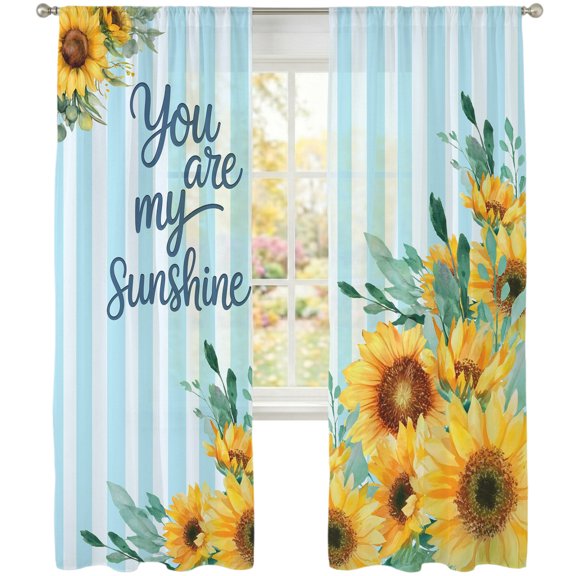 Spring Sunflower Sheer Curtains 108 inches Long, You Are My Sunshine Leaf Blue Striped Light Filtering Sheer Window Curtains Rod Pocket Voile Drapes for Bedroom Living Room, 2 Panels