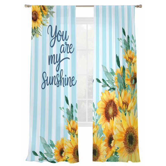 Spring Sunflower Sheer Curtains 2 Panels Set You Are My Sunshine Leaf Blue Striped Sheer Window Curtains Light Filtering Rod Pocket Voile Drapes for Bedroom Living Room 52"X108"