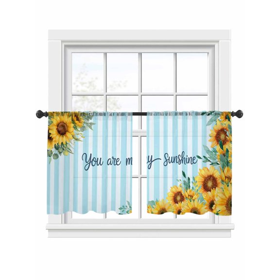Spring Sunflower Sheer Curtains 2 Panels Set You Are My Sunshine Leaf Blue Striped Sheer Window Curtains Light Filtering Rod Pocket Voile Drapes for Bedroom Living Room 52"x45"