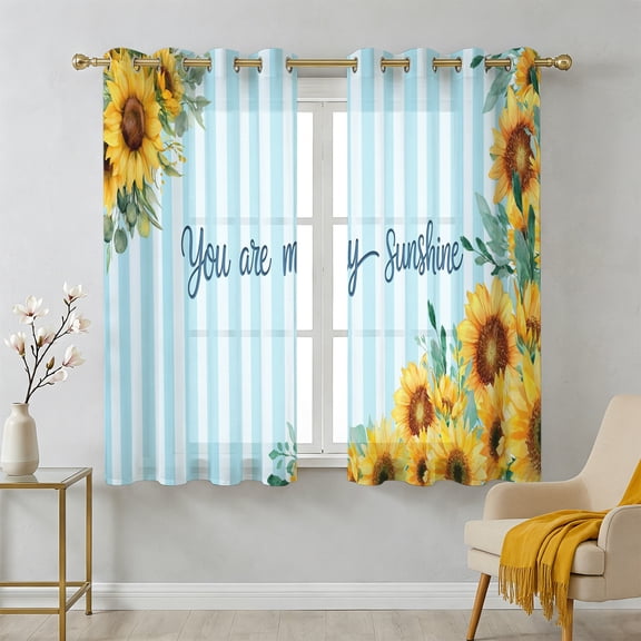 Spring Sunflower Sheer Curtains 39 Inch Long 2 Panels, You Are My Sunshine Leaf Blue Striped Light Filtering Semi Sheer Drapes Grommet Voile Window Curtain for Living Bedroom W27.9 x L39