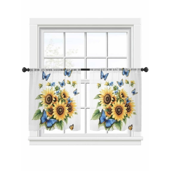 Spring Sunflower Sheer Curtains 45 Inch Long 2 Panels, Watercolor Blue Butterfly Pastoral Light Filtering Rod Pocket Semi Sheer Curtains, Sheer Voile Drapes for Living Room Bedroom, 52"x45"