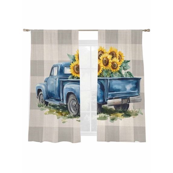 Spring Sunflower Sheer Curtains 72 Inch Long 2 Panels, Watercolor Blue Truck Grey Plaid Light Filtering Rod Pocket Semi Sheer Curtains, Sheer Voile Drapes for Living Room Bedroom, 52"x72"