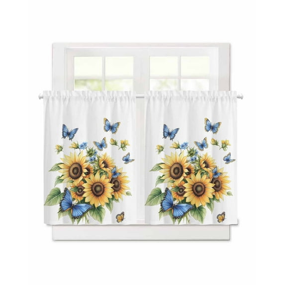 Spring Sunflower Short Blackout Curtains 36 Inch Long Watercolor Blue Butterfly Pastoral Rod Pocket Kitchen Curtains, 2 Panels Thermal Insulated Room Darkening Drapes for Bedroom, 30"W x 36"L