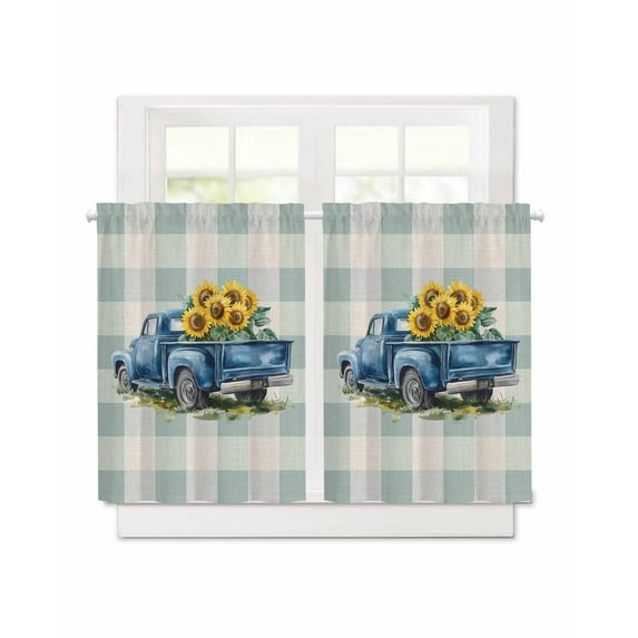 Spring Sunflower Short Blackout Curtains 45 Inch Long Watercolor Truck Blue Plaid Rod Pocket Kitchen Curtains, 2 Panels Thermal Insulated Room Darkening Drapes for Bedroom, 30"W x 45"L