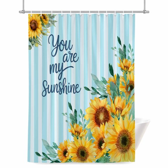 Spring Sunflower Shower Curtain, 36" x 72", You Are My Sunshine Leaf Blue Striped Waterproof Bathroom Curtain Washable Shower Curtain Set with 12 Hooks