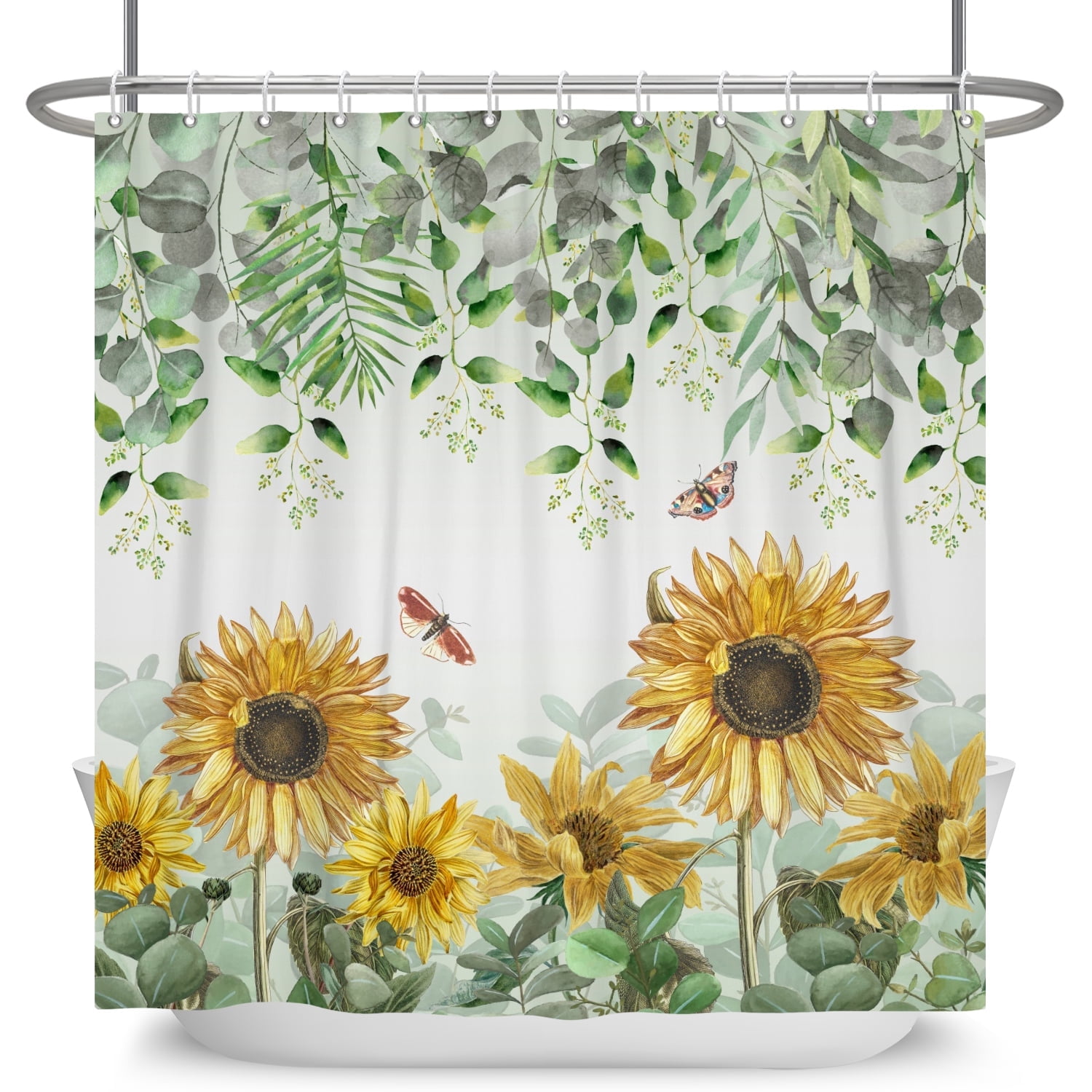 Spring Sunflower Shower Curtain,Green Leaves Waterproof Fabric Bathroom Curtain with Hooks,72x78 in