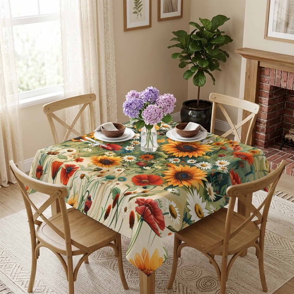 Spring Sunflower Square Tablecloth 60x60 Inch Daisy Poppy Flowers Waterproof Polyester Tablecloth for Dining Table, Washable Table Cover for Kitchen Dining Room Wedding Decoration,Stain Resistant