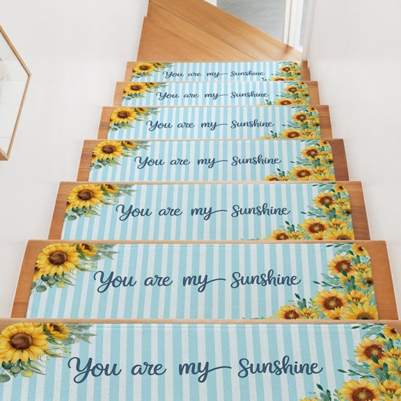 Spring Sunflower Stair Treads Non Slip for Steps You Are My Sunshine Leaf Blue Striped 4 Pcs Reusable Adhesive Stair Runner Mats for Dogs Elders Carpet Treads Rugs for Staircase 8x30 In