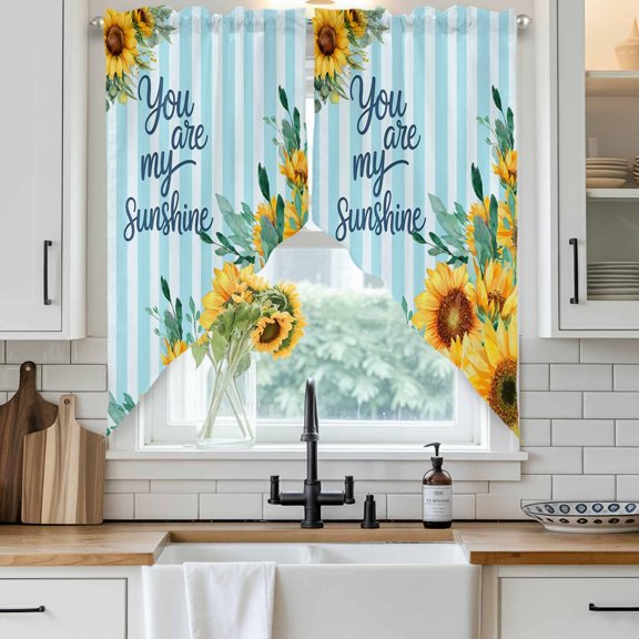 Spring Sunflower Swag Curtain Valance for Windows, You Are My Sunshine Leaf Blue Striped Window Treatments Short Swag Topper for Kitchen Windows Bathroom Bedroom, 36"x63"