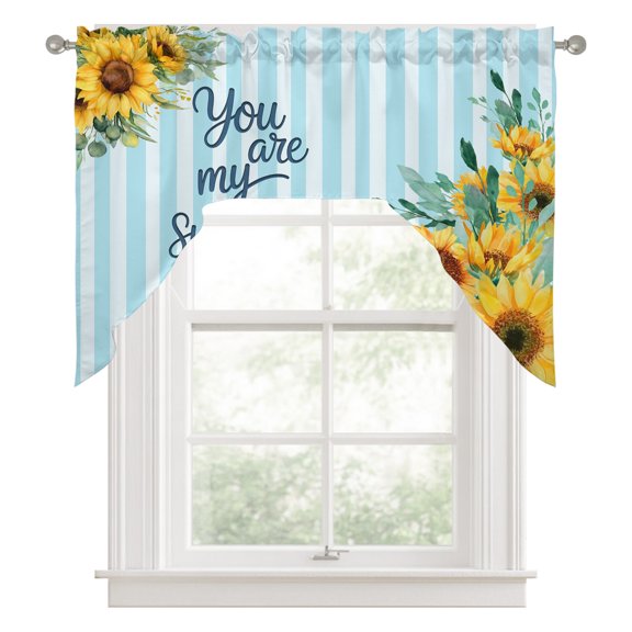 Spring Sunflower Swag Valance for Windows, You Are My Sunshine Leaf Blue Striped Swag Curtains Valances for Small Window Treatment Rod Pocket for Kitchen Bathroom 1 Panel 56x36in