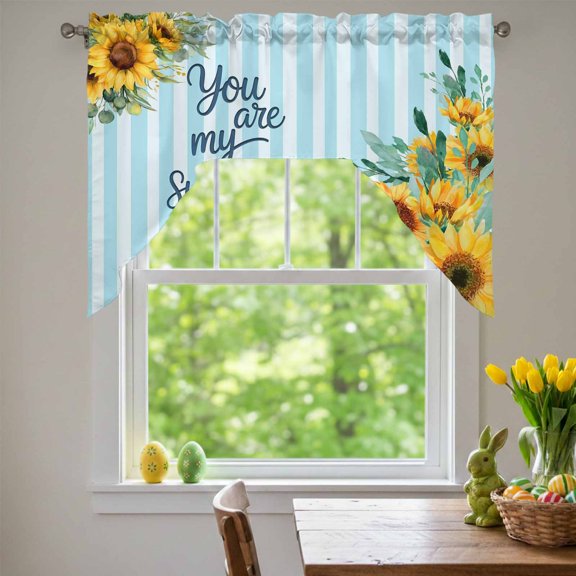 Spring Sunflower Swag Valances for Kitchen Window, You Are My Sunshine Leaf Blue Striped Small Swag Valances Rod Pocket Curtain Drapes Window Treatment for Bedroom Bathroom, 56x36 Inch