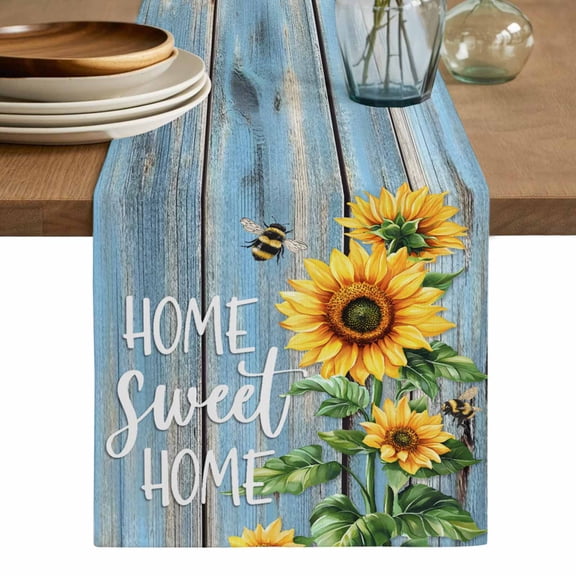 Spring Sunflower Table Runner, Bee Wooden Grain Country Rustic Washable Cotton Linen Table Runners 36 Inches Long, Dresser Scarf Runner for Nightstand/End Tables/Round Tables 13''x36''