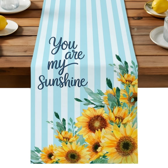 Spring Sunflower Table Runner, You Are My Sunshine Leaf Blue Striped Washable Kitchen Table Runners Dress Scarves for Dining Table Decorations Party/Restaurant/Indoor Outdoor Use, 13x36in