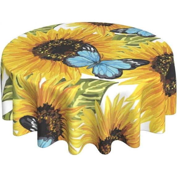 Spring Sunflower Tablecloth Round 60 Inch Butterfly Tablecloth Waterproof Polyester Washable Table Cover Flower Tablecloth for Kitchen Dining Room Indoor Outdoor Picnic Patio Party Decor