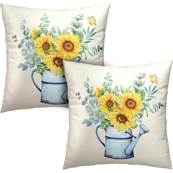 Spring Sunflower Throw Pillow Covers 18x18 Set of 2 Watering Can Green Leaf Pillow Covers Butterfly Seasonal Pillow Covers Decorative Spring Home Decor for Couch Bed Couch