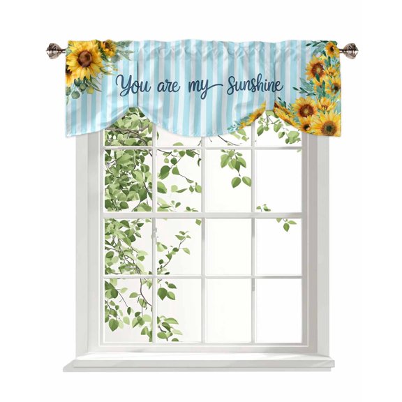 Spring Sunflower Tie Up Valances Curtain, You Are My Sunshine Leaf Blue Striped Adjustable Rod Pocket Window Treatment Short Tie Up Curtains Valances for Kitchen Living Room Bathroom 42x12 Inches