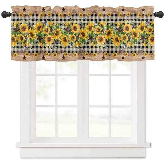 Spring Sunflower Valances for Windows Farmhouse Kitchen Curtains Valances Rod Pocket Valance Curtains for Kitchen Windows Checkered Star Farmhouse Retro Window Valances for Bathroom Bedroom 60"x18"