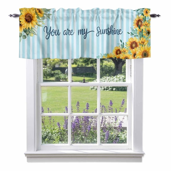 Spring Sunflower Valances for Windows, You Are My Sunshine Leaf Blue Striped Valance Window Treatment Rod Pocket Short Curtains Valances for Kitchen Bathroom 42"W x 12"L