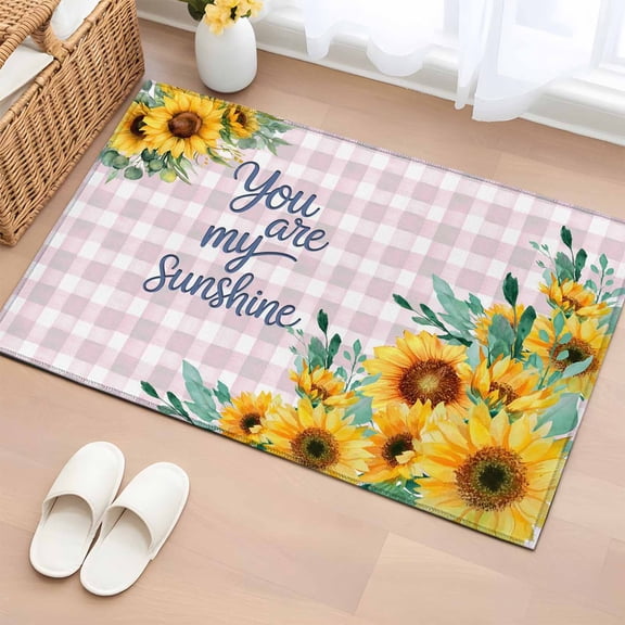 Spring Sunflower Washable Small Entryway Area Rugs 2'x3', You Are My Sunshine Green Leaf Pink Plaid Low Pile Throw Rug Non-Slip Sturdy Edge Binding Carpet for Front Door Floor Room Entry