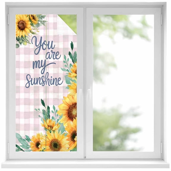 Spring Sunflower Window Privacy Film, You Are My Sunshine Green Leaf Pink Plaid Frosted Glass Window Clings Static Cling UV Heat Blocking Reusable Door Sticker for Bathroom 17.7 x 39.3 Inch