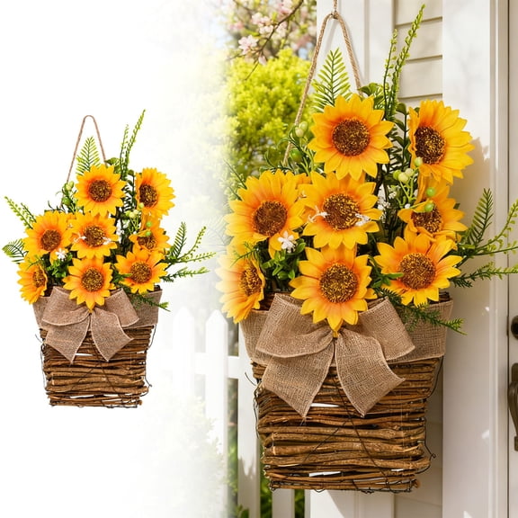 Spring Sunflower Wreath Decor, 17.3in Sunflower Wreath, Year-Round Use, Natural Fresh Farmhouse Style, as Porch and Wall Decor,Yellow