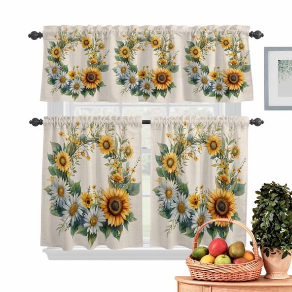 Spring Sunflower Wreath Kitchen Curtains Valances 3 Piece Set, Country Watercolor Yellow White Floral Leaf Linen Rod Pocket Tier Curtain & Valance Drapes for Small Window 36 Inch Length for Bedroom